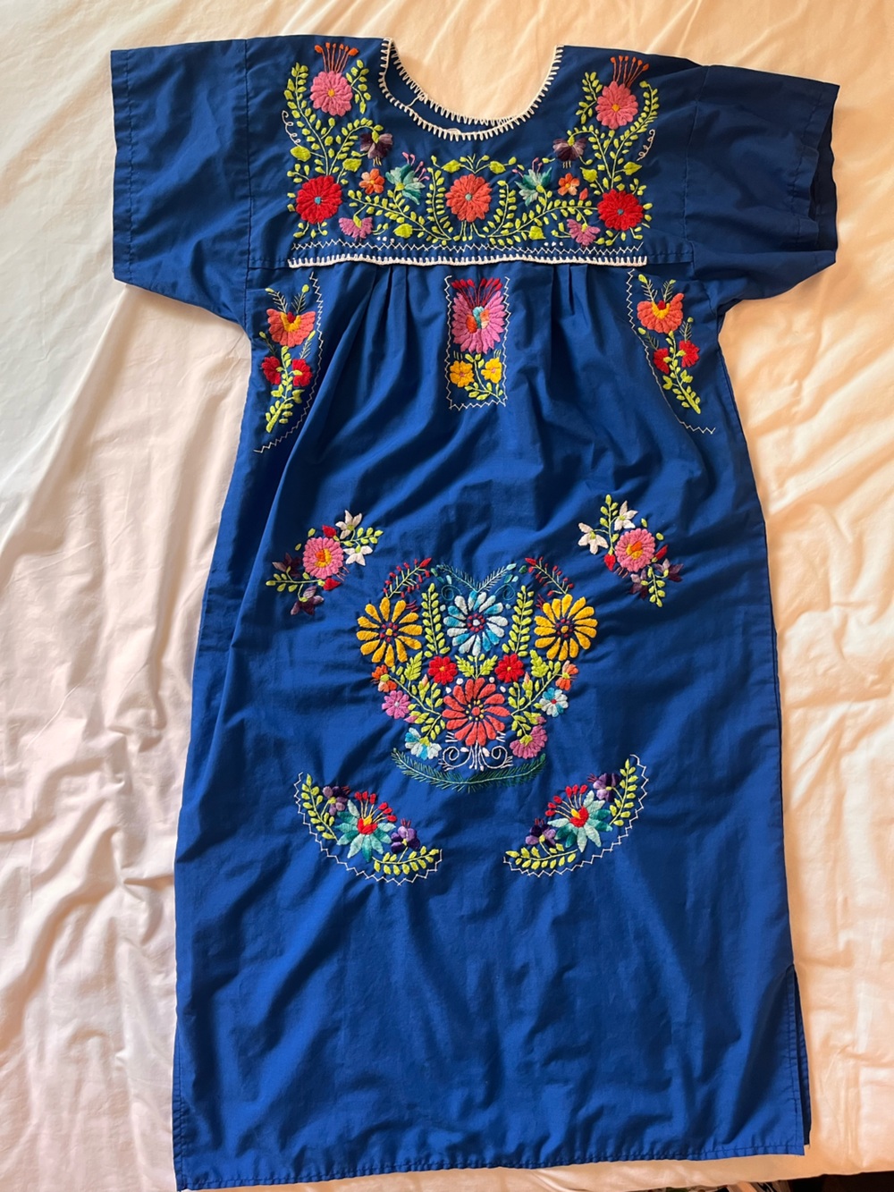 Women's Mexican Floral Embroidered Blue Dress - No Size Tag - Stained - M/L